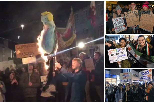Effigy of Donald Trump burned in Gwynedd as crowd of 200 attend protest