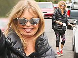Comedy Gold-ie! Hawn hilariously sticks out her tongue as she flaunts her sensational pins in printed yoga pants out and about in LA