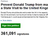 More than 400,000 sign petition to cancel Trump's UK visit