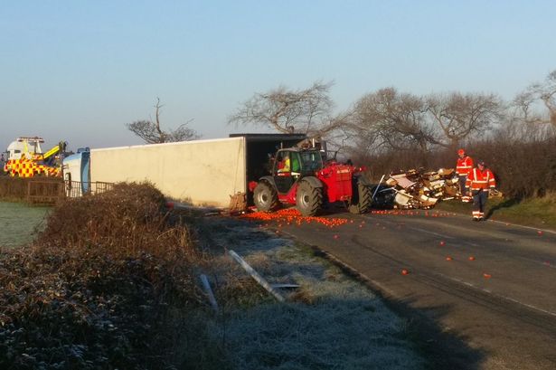 Truck spills load of mandarins across A547 Abergele