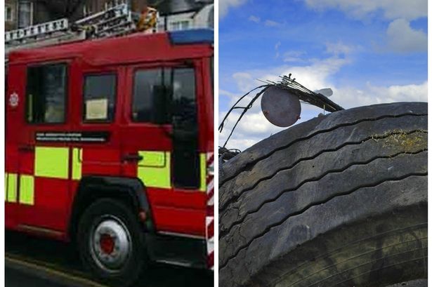 Fire crew cuts free woman wedged inside tyre