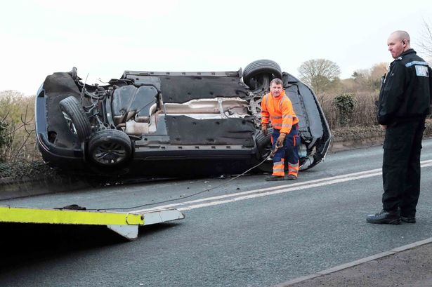 Lucky escape for driver after car flips over in Flintshire