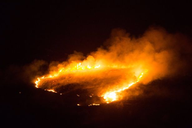 Llangollen Panorama mountain fire burns for third night running