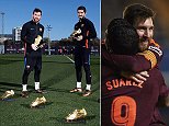 Barcelona's Lionel Messi and Luis Suarez pose with awards