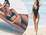 Nicole Williams models bathing suits on the beach
