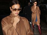 Irina Shayk dons denim dress and red boots for NYC outing
