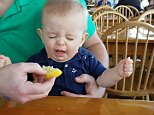 Baby can't resist lemon that makes him scrunch up his face