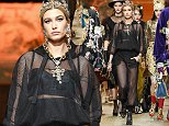Hailey Baldwin wears mesh tracksuit at Dolce and Gabbana