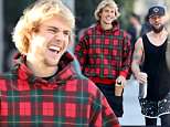 Justin Bieber rocks plaid hoodie as he has a giggle with a pal on Beverly Hills coffee run