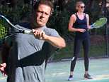 Karl Stefanovic and Jasmine Yarbrough wear their activewear as they hit the court for a tennis match