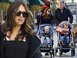 Alec Baldwin and pregnant wife Hilaria handle strollers carrying boys Rafael and Leonardo in NYC