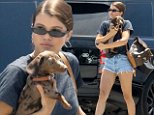 Sofia Richie dotes on pet pooch as she keeps her cool in skin-baring Daisy Dukes and T-shirt