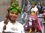 Janet Jackson sports a very colorful ensemble as she shoots music video on streets of Brooklyn