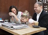 Deputy PM Josh Frydenburg with wife and daughter having coffee in Melbourne with Peter Costello 